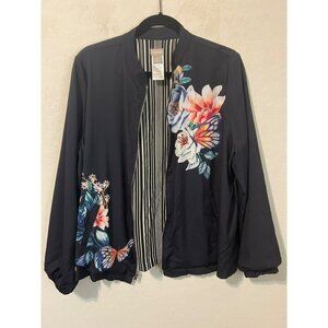 Chico's Sz 2 (US 12/14 L) Reversible Silky Jacket BW Stripe Navy Floral Gorgeous